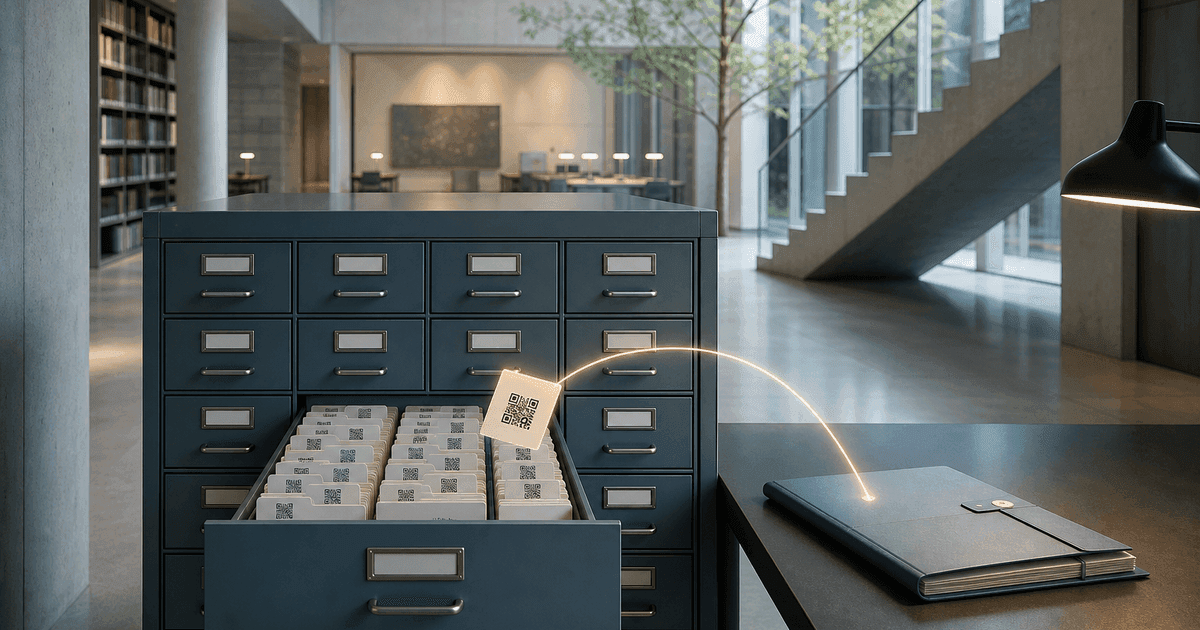 Un archivador de fichas con códigos QR, con una ficha conectada mediante una línea luminosa a un documento separado, que ilustra un registro que apunta a datos alojados en otro lugar