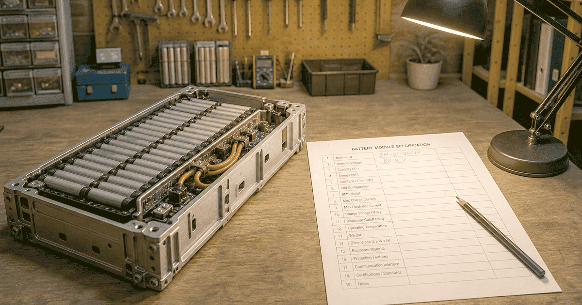 Un module de batterie posé sur un établi, à côté d'une fiche technique de dix-neuf lignes dont seules les deux premières sont remplies