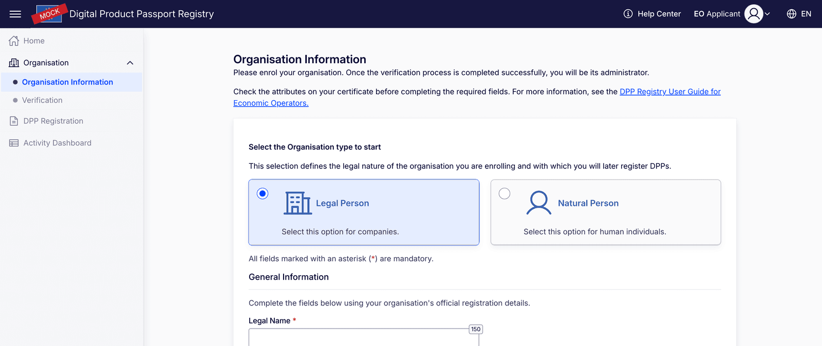 注册中心的 Organisation Information 表单：Legal Person 与 Natural Person 两个选项，以及 Legal Name 和地址字段