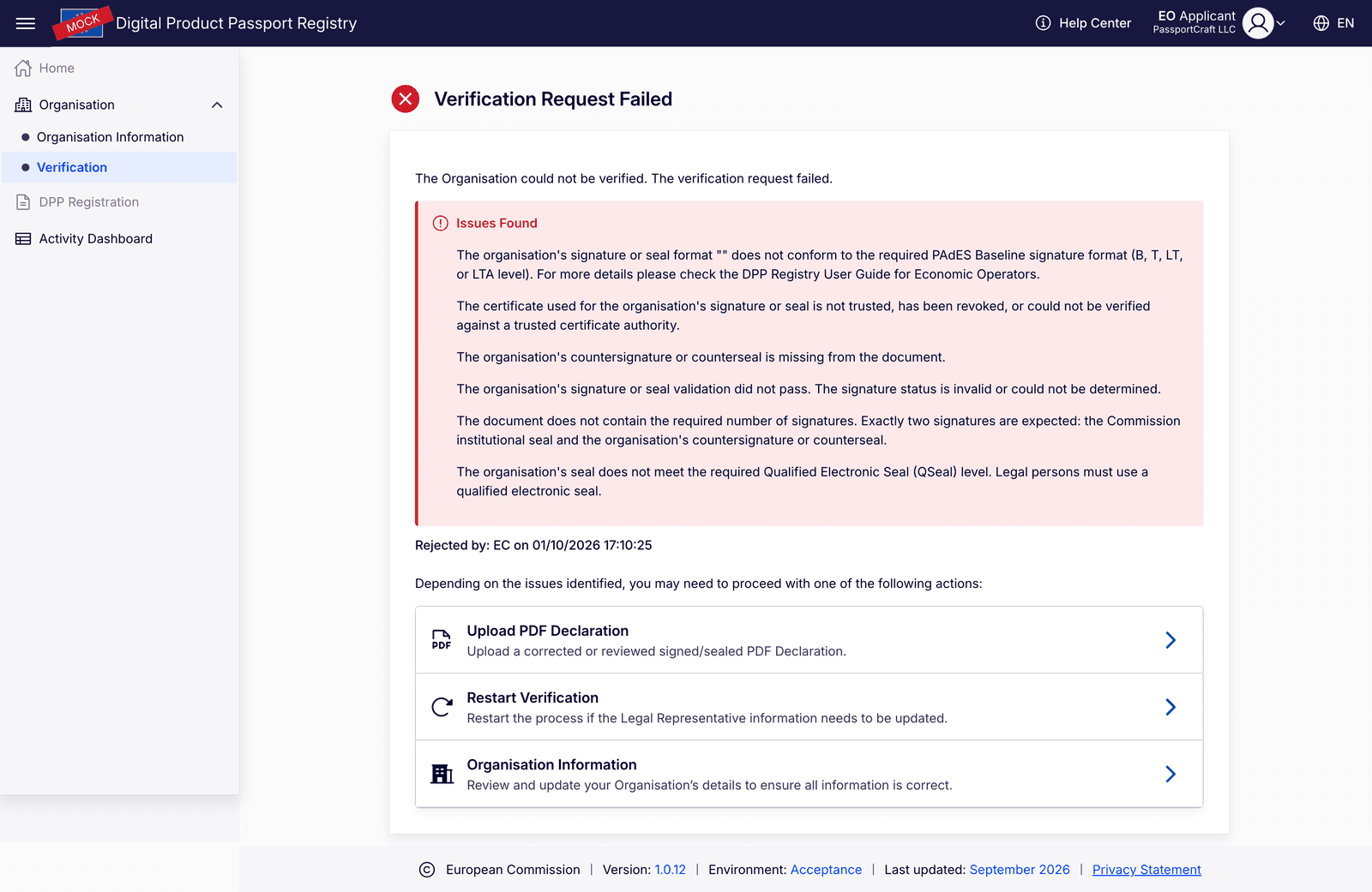 Verification Request Failed：注册中心列出一份未盖章声明的所有问题