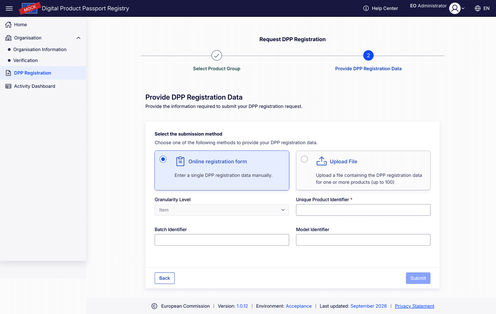 Request DPP Registration 第2步，在线表单：粒度级别 Item、Unique Product Identifier，以及可选的 Batch 和 Model 标识符