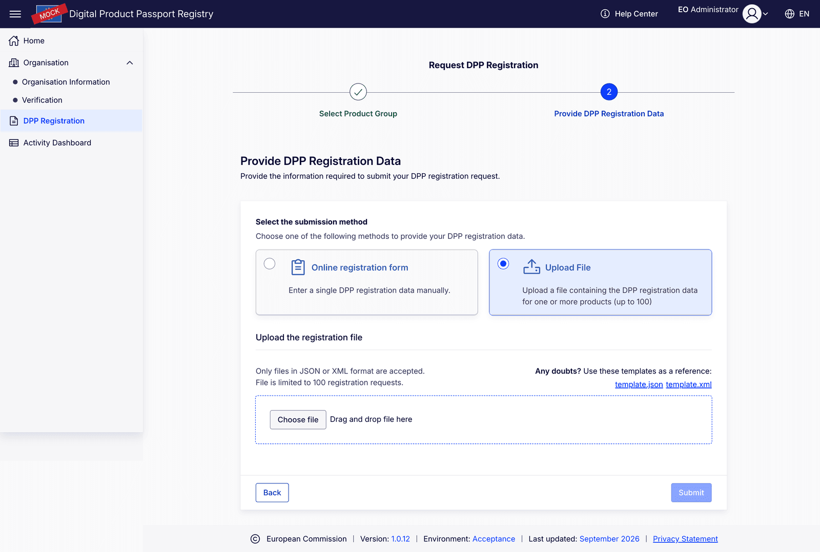 Request DPP Registration 第2步，文件上传：仅限JSON或XML，最多100条注册请求，附 template.json 和 template.xml 模板