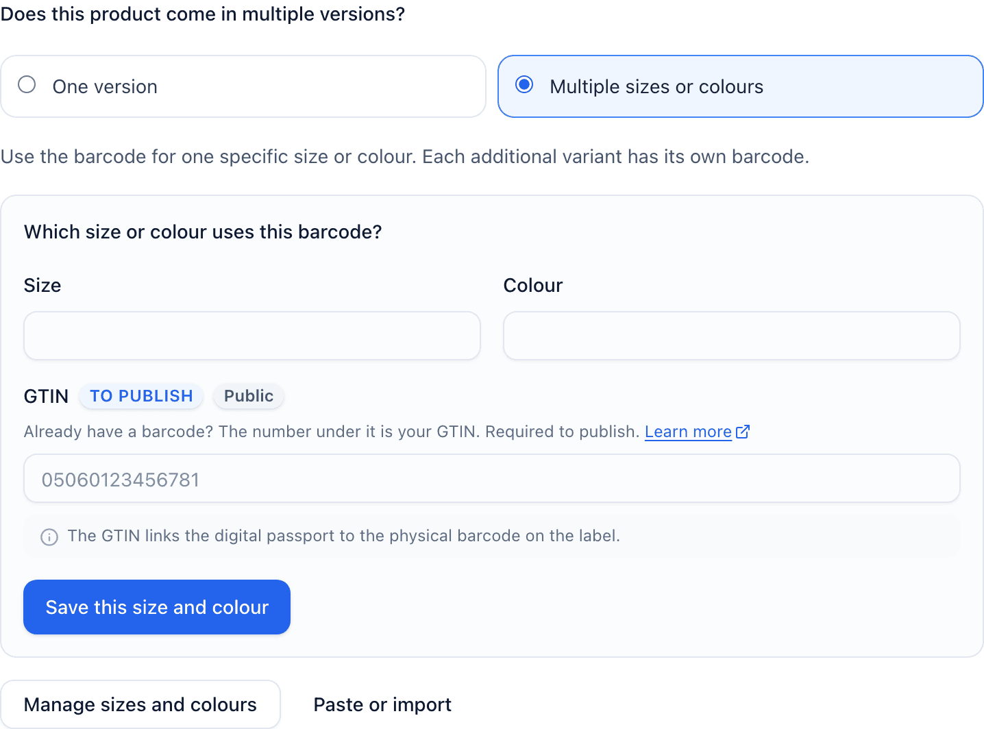 The Product basics barcode question with Multiple sizes or colours selected, the Size and Colour fields, the GTIN field and the Save this size and colour button.