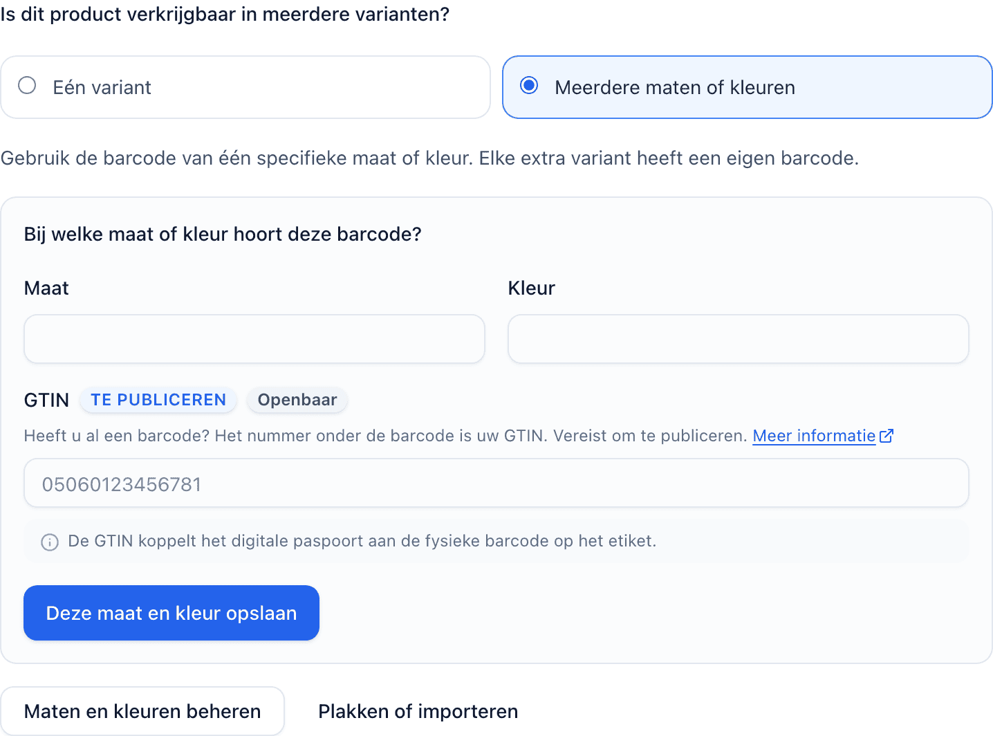 De barcodevraag bij Productbasis met Meerdere maten of kleuren geselecteerd, de velden Maat en Kleur, het GTIN-veld en de knop Deze maat en kleur opslaan.