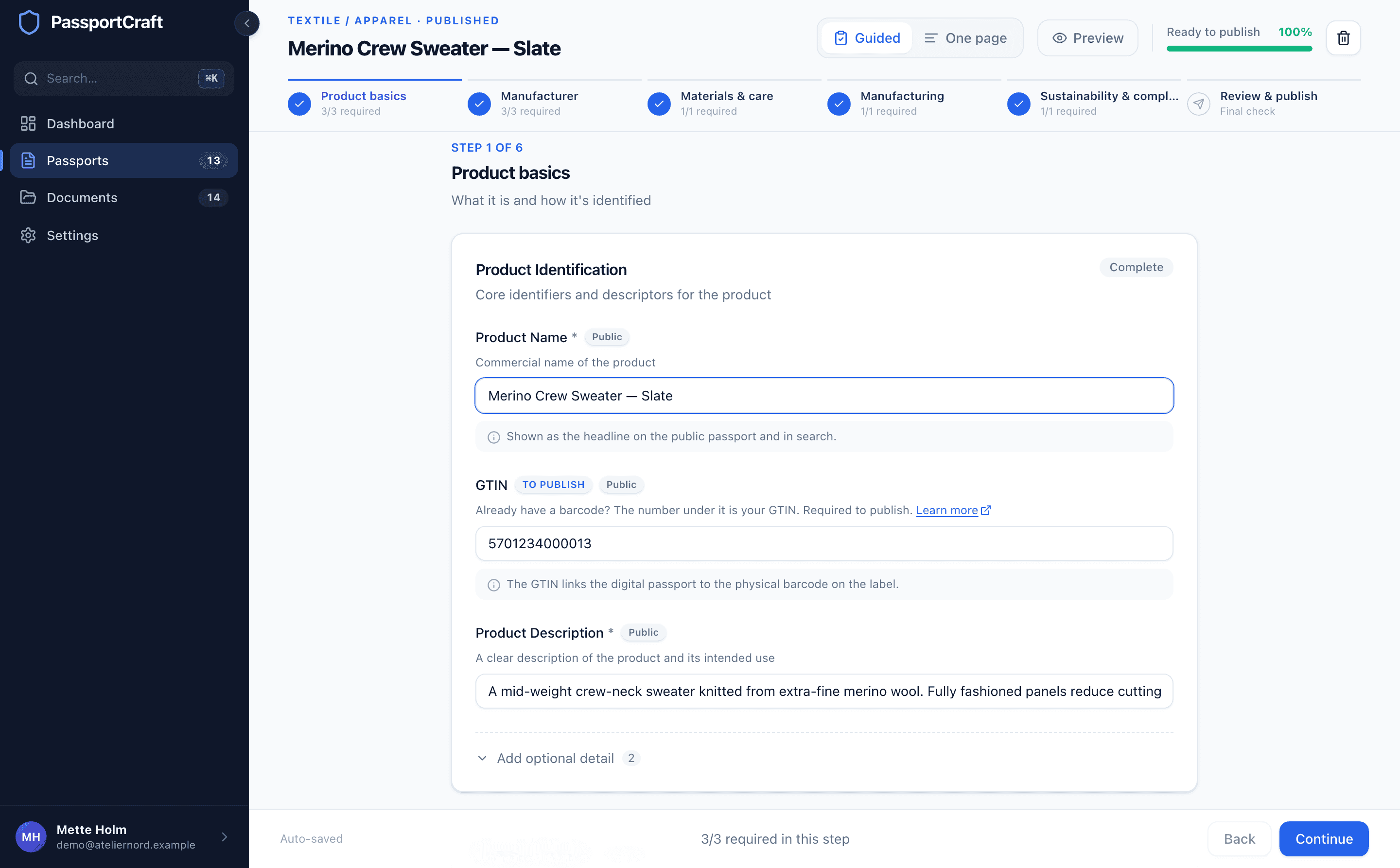 The passport editor in Guided view, showing the view toggle, completeness meter, chapter navigation and the Product basics step.