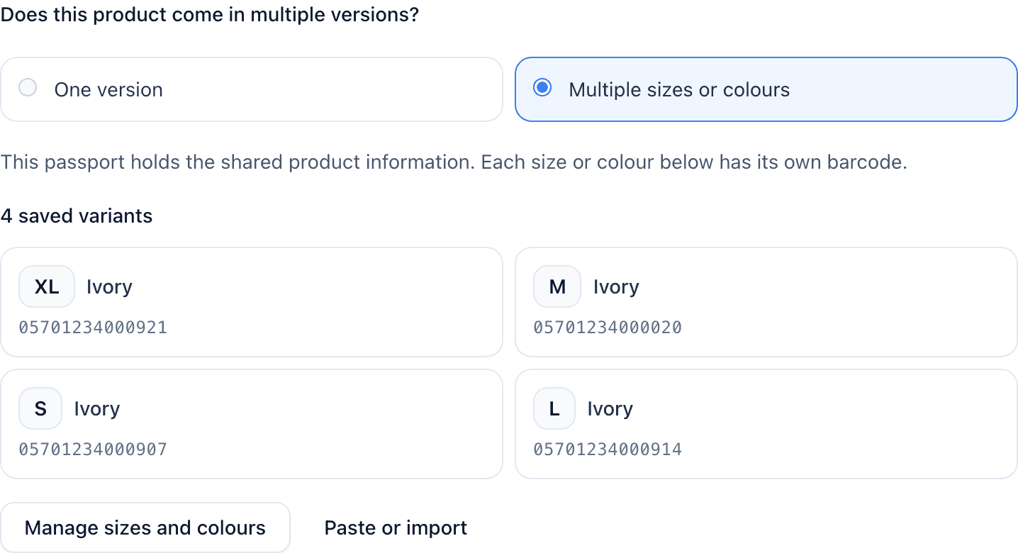 Product basics after the first barcode is identified: the shared-information note, four saved variants shown as equal cards, and the Manage sizes and colours button.