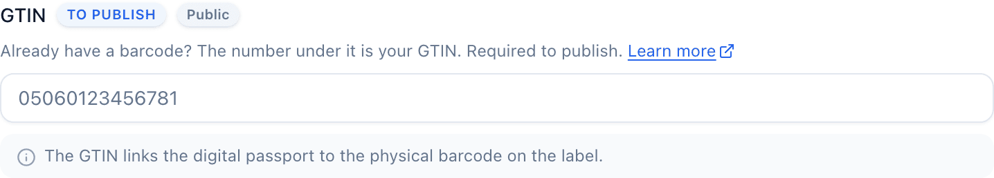 The GTIN field with a blue To publish badge next to its label, plus a Public badge and helper text.
