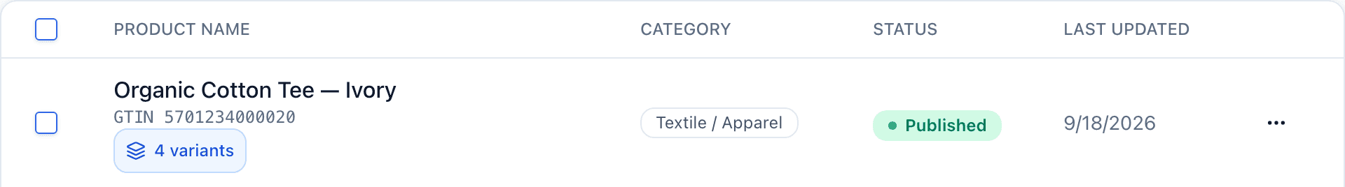 The Passports list with the Organic Cotton Tee row showing its GTIN and a 4 variants badge beside the product name.