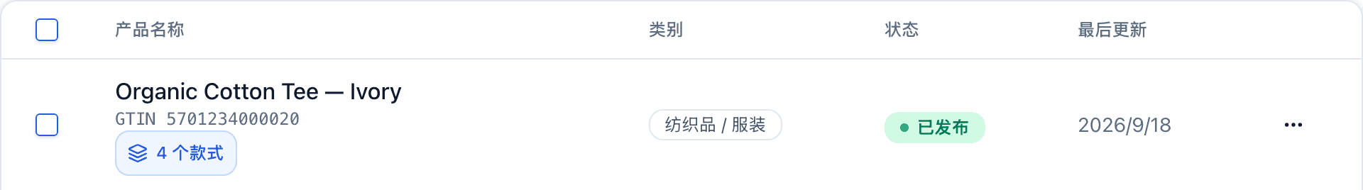 护照列表中的 Organic Cotton Tee 一行，显示其 GTIN，产品名称旁带有 4 个款式 标记。