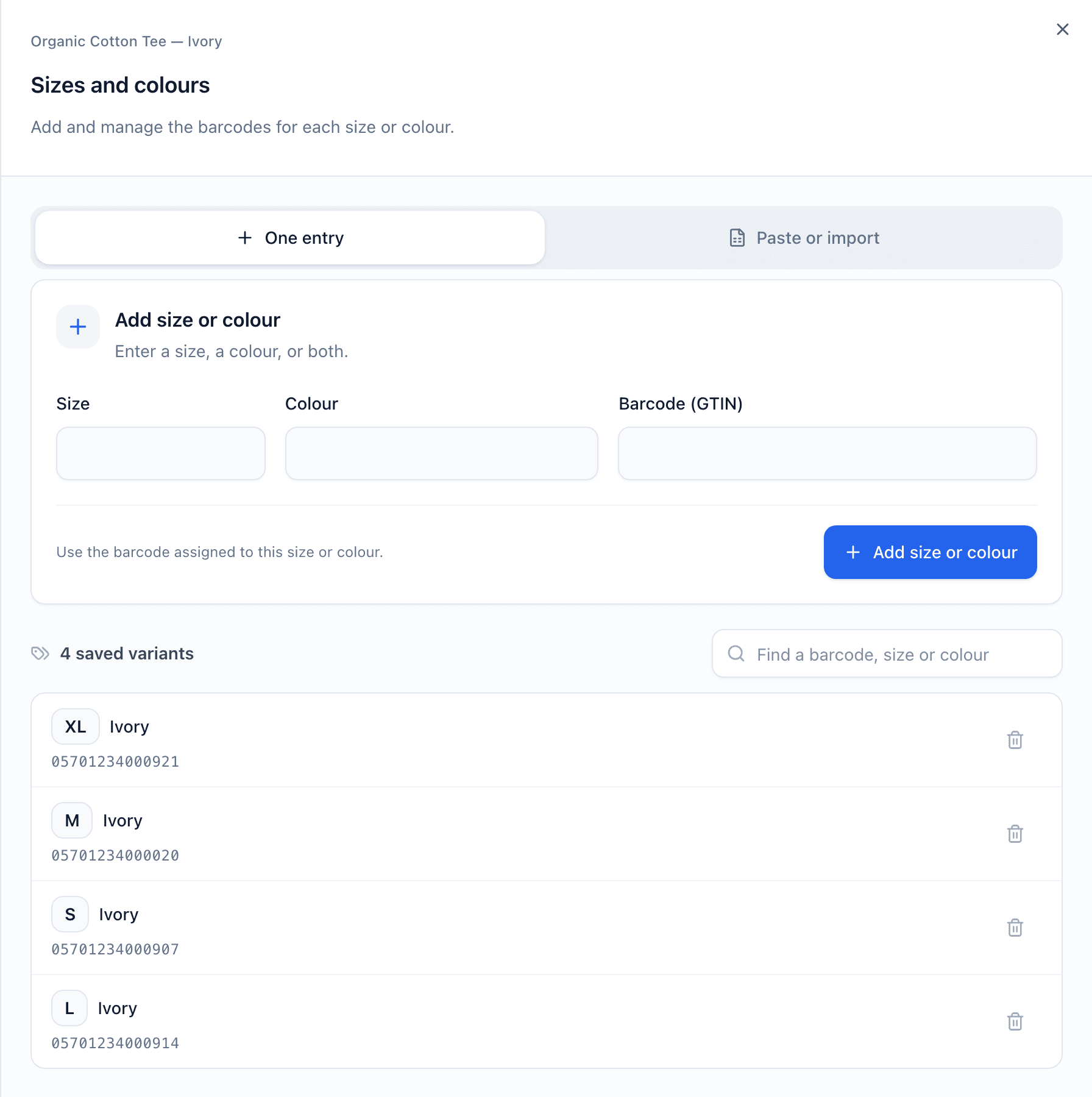 The Sizes and colours panel on the One entry tab with Size, Colour and Barcode (GTIN) fields, the Add size or colour button and the list of saved variants below.
