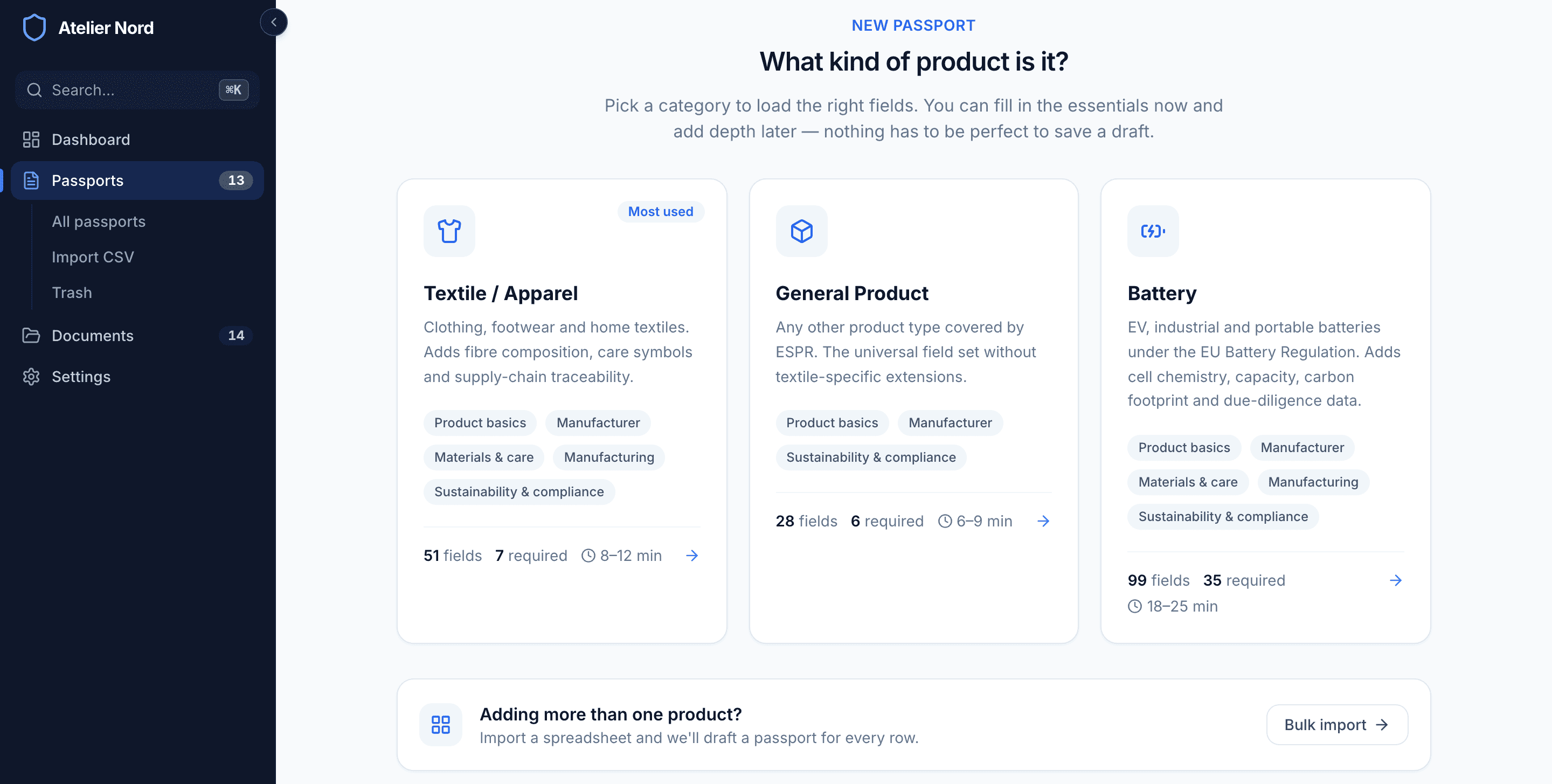 The category chooser asking What kind of product is it?, with Textile / Apparel, General Product and Battery cards showing field counts, required counts and time estimates, and the Bulk import option below.