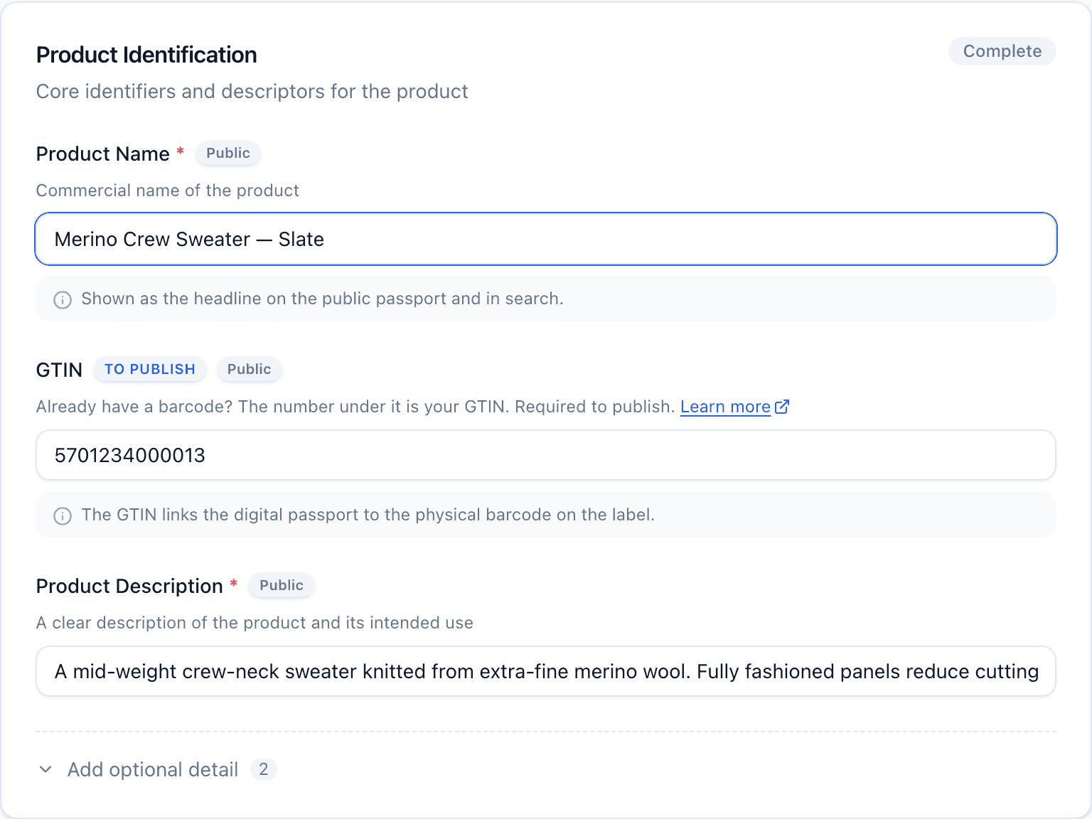 A completed Product Identification section in the editor, with a Complete badge and the Product Name and GTIN fields filled in.