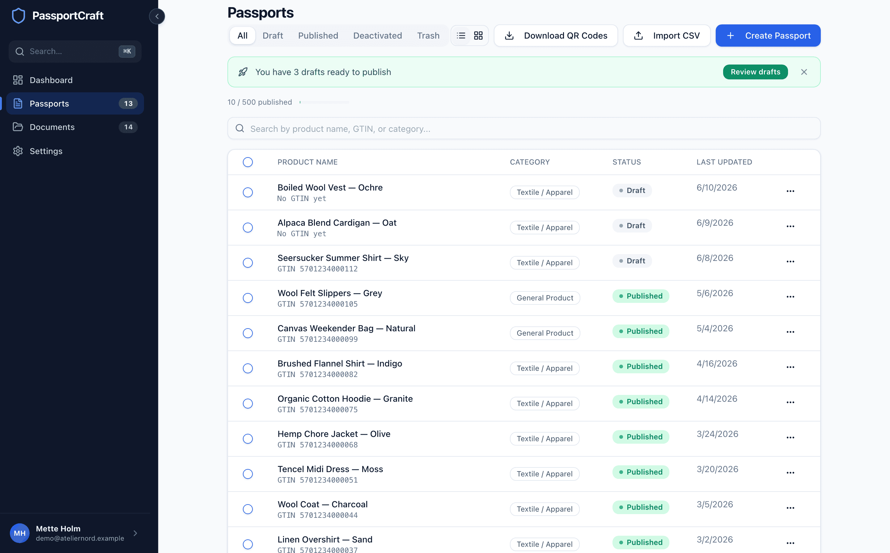 The Passports list showing the sidebar, the Create Passport button, and a table of draft and published passports.