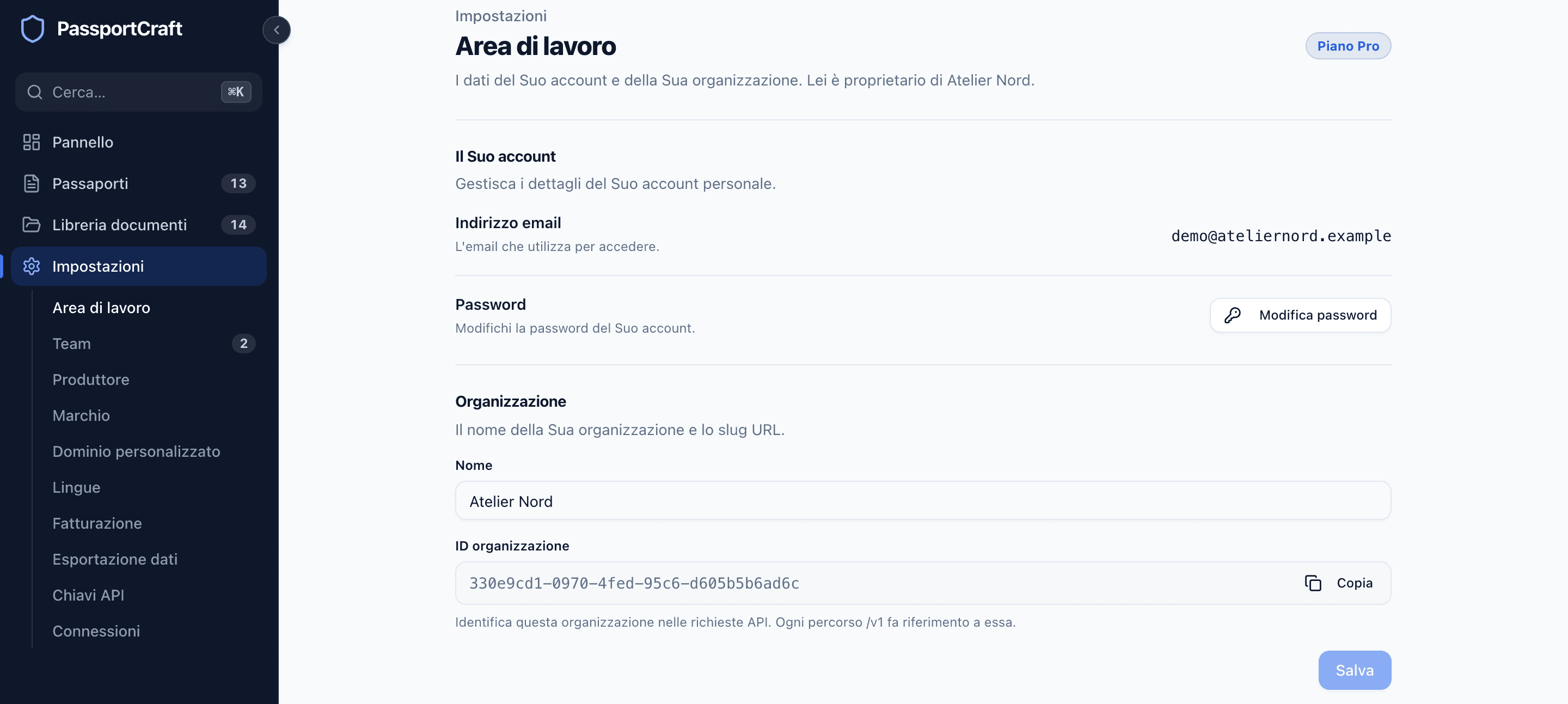 La sezione delle impostazioni Area di lavoro, con il badge del piano, l'email e la password dell'account, e il nome e l'ID dell'organizzazione.
