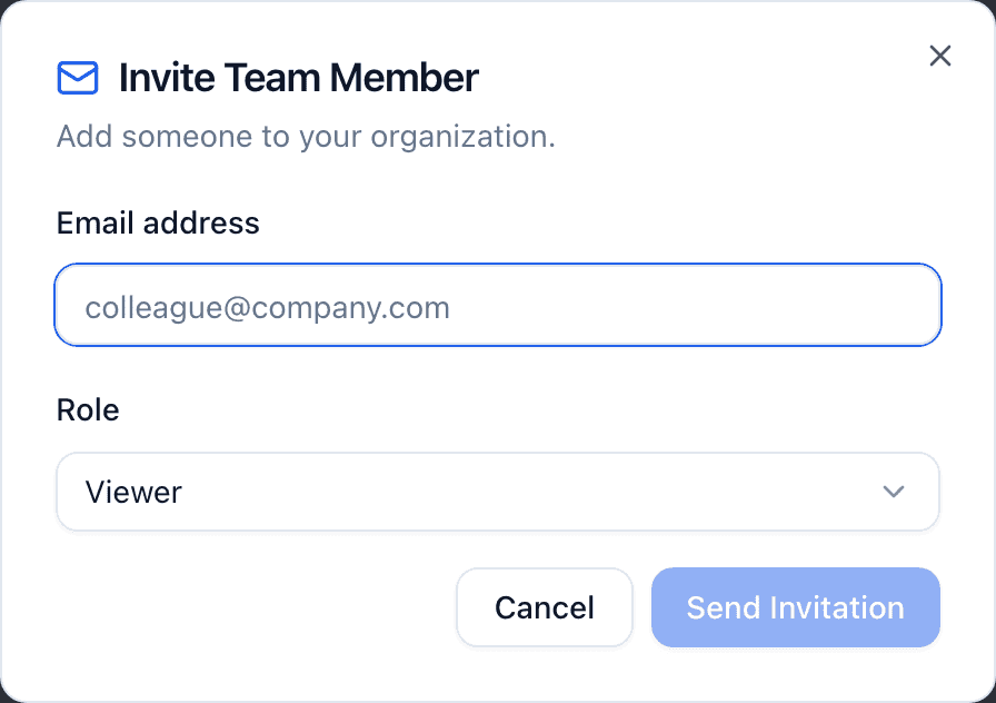 The Invite Team Member dialog with an email address field, a Role dropdown set to Editor, and a Send Invitation button.