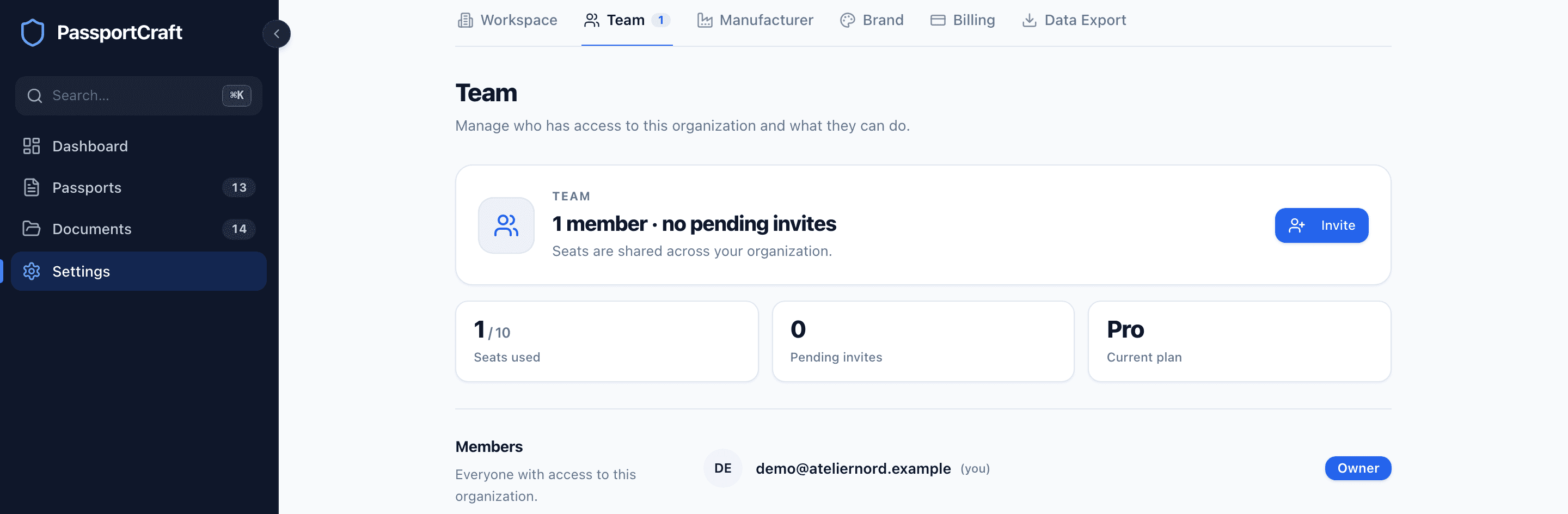 The Team settings tab showing the settings tabs, a seat-usage summary with an Invite button, and the member list.