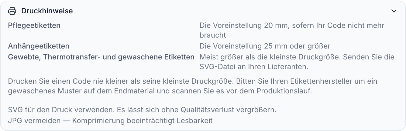 Der aufgeklappte Abschnitt Druckhinweise mit den Voreinstellungen für Pflegeetiketten und Anhänger, Hinweisen für gewebte, Thermotransfer- und gewaschene Etiketten sowie Tipps zu SVG und JPG.