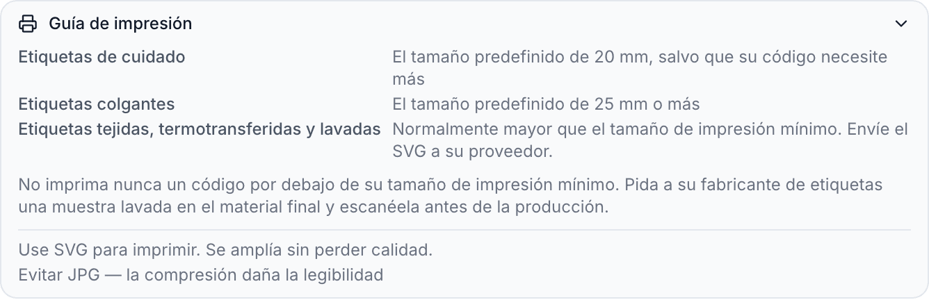 La sección Guía de impresión desplegada, con los ajustes para etiquetas de cuidado y etiquetas colgantes, consejos para etiquetas tejidas, termotransferidas y lavadas, y recomendaciones sobre SVG y JPG.