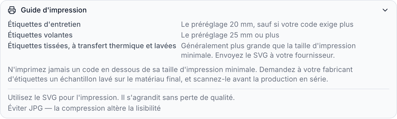La section Guide d'impression dépliée, avec les préréglages pour les étiquettes d'entretien et les étiquettes volantes, des conseils pour les étiquettes tissées, à transfert thermique et lavées, et des astuces sur le SVG et le JPG.