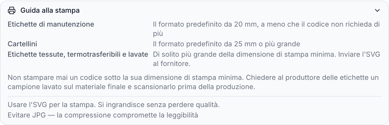 La sezione Indicazioni di stampa espansa, con i preset per etichette di cura e cartellini, i consigli per etichette tessute, termotrasferibili e lavate e i suggerimenti su SVG e JPG.