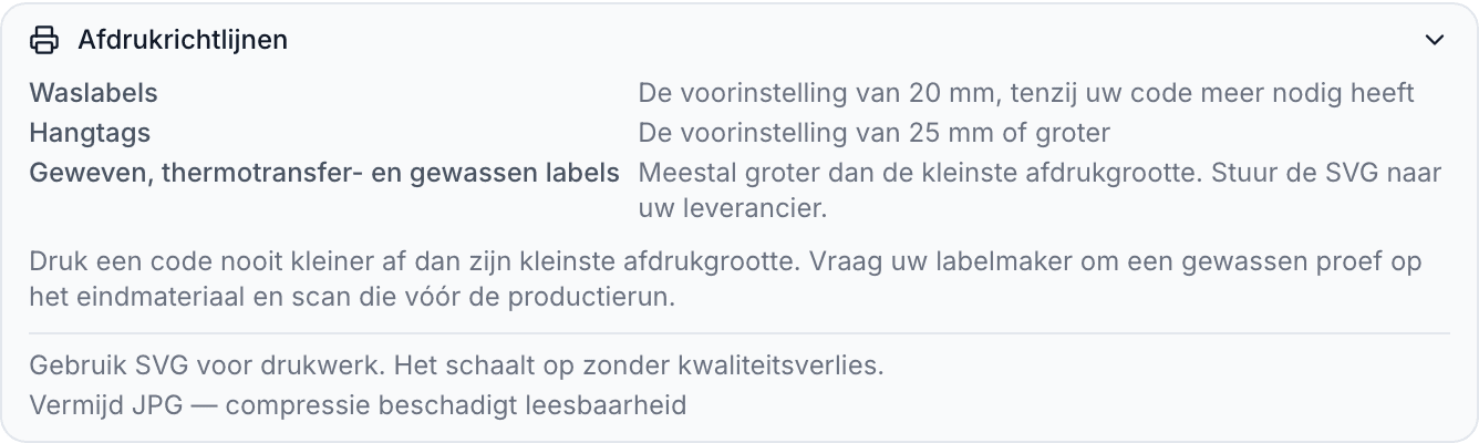 De uitgeklapte sectie Afdrukrichtlijnen, met de presets voor wasetiketten en hanglabels, advies voor geweven, thermotransfer- en gewassen labels, en tips over SVG en JPG.