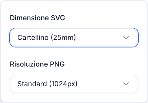 Il pannello Codice QR con le Opzioni di esportazione aperte, che mostra il menu a tendina Dimensione SVG con i preset Etichetta di cura, Cartellino, Grande e Personalizzata.