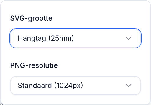 Het QR Code-paneel met Exportopties open, met het menu SVG-grootte en de presets Waslabel (20mm), Hangtag (25mm), Groot (30mm) en Aangepast.