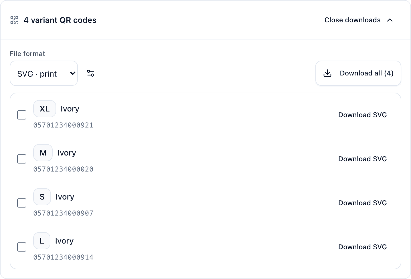 The variant QR codes section in Review & publish expanded: File format set to SVG · print, Export options, the Download all (4) button, and one row per size with its own Download SVG button.