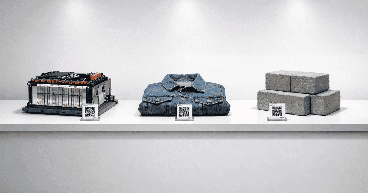 Battery, textile, and construction products displayed with digital passport QR codes
