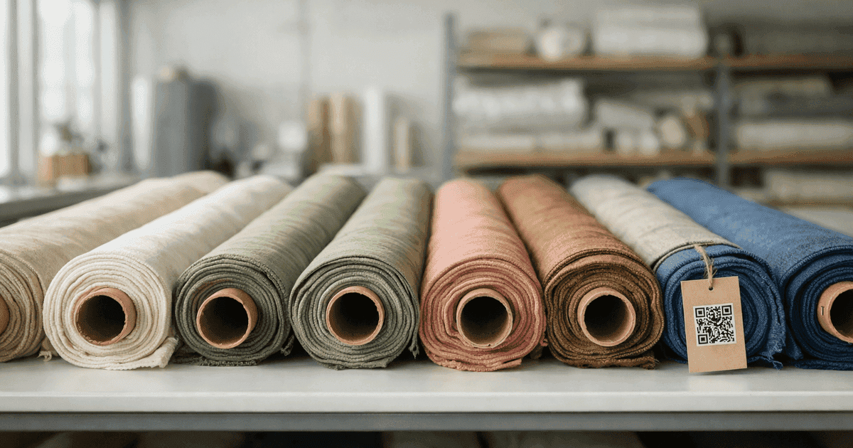 Rolls of sustainable fabric with product labels in a modern textile warehouse