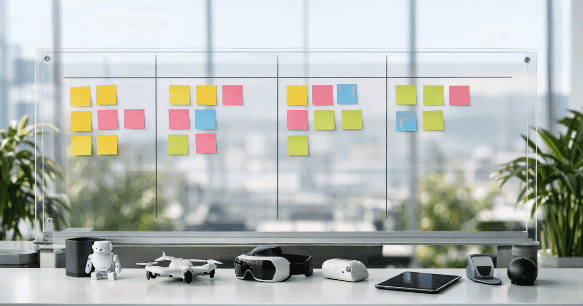 Innovation lab whiteboard with implementation roadmap and product prototypes