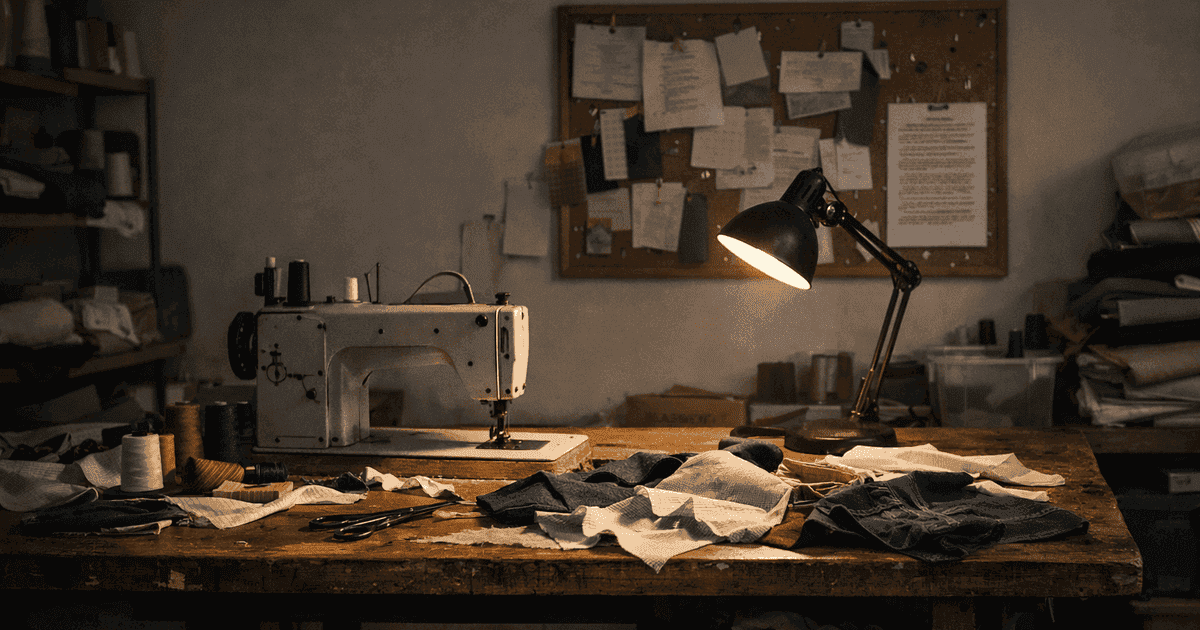 Small brand workshop with sewing machine and scattered compliance documents