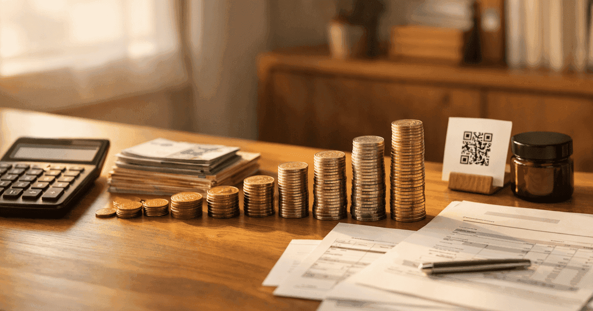 Euro currency arranged as a cost chart beside product samples on a small business desk