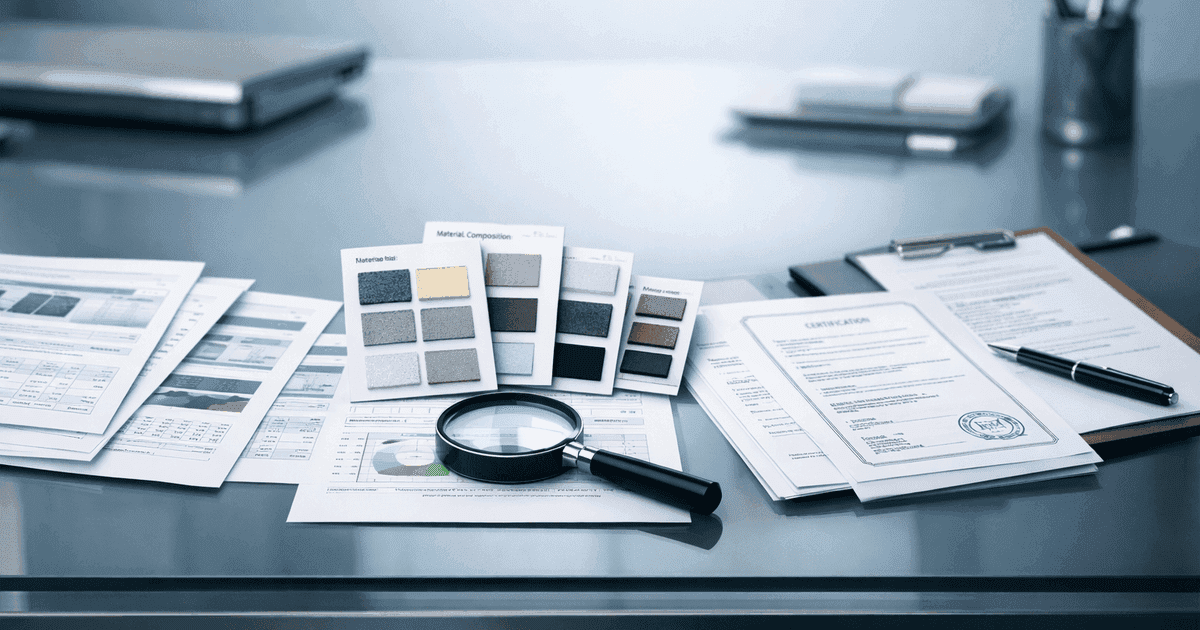 Organized product data sheets and certification documents on a modern desk