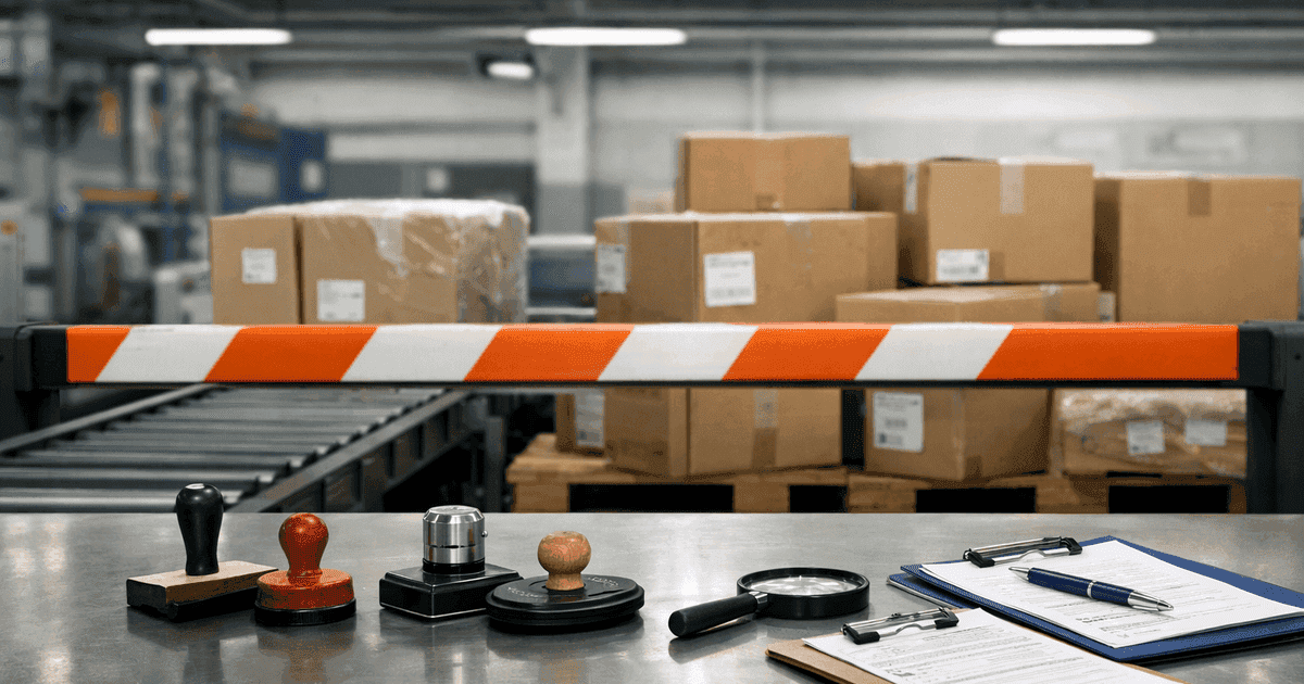 Customs inspection checkpoint with detained shipping boxes and warning barriers