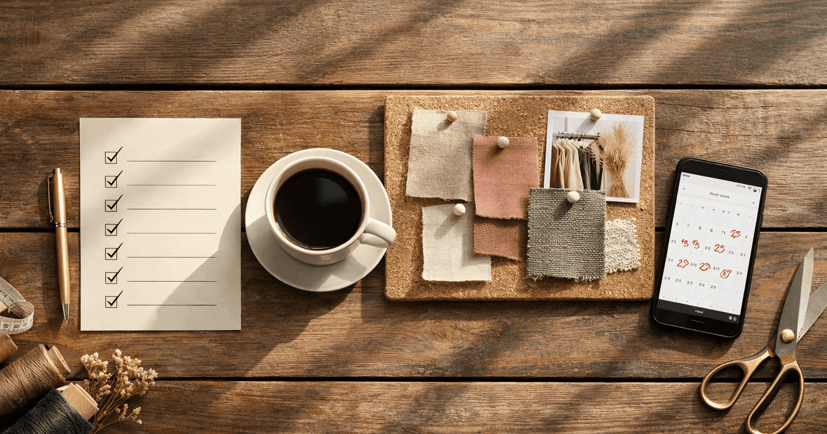 Small brand preparation checklist with fabric swatches and calendar on a rustic desk