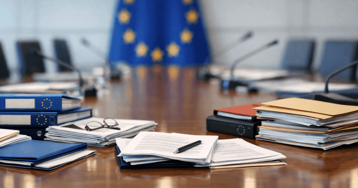 EU regulatory documents on a conference table with European Union flag