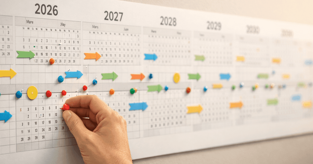 Wall calendar spanning 2026-2030 with milestone markers for DPP compliance deadlines