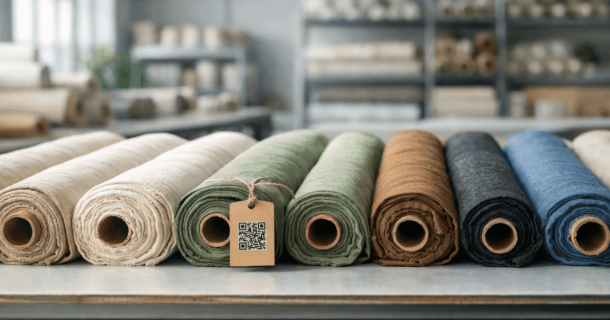 Rolls of sustainable fabric with product labels in a modern textile warehouse