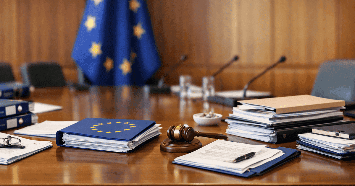 EU regulatory documents on a conference table with European Union flag