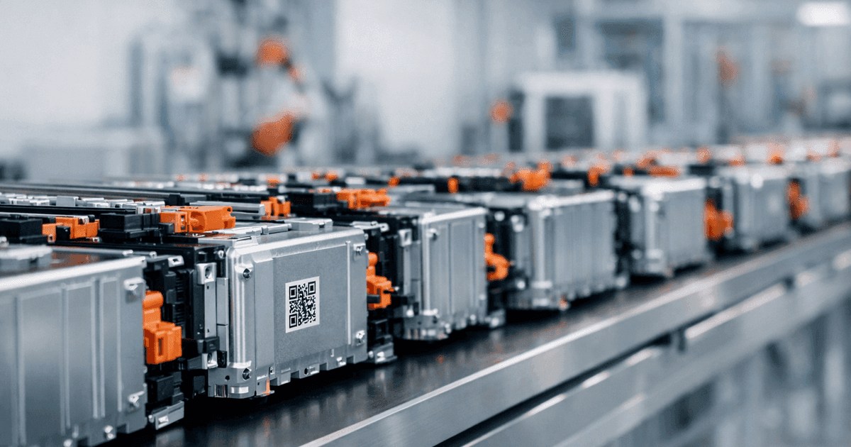 Industrial battery cells with QR code labels in a modern manufacturing facility