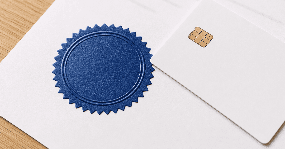 A sheet of paper with a blue embossed seal and a smart card with a gold chip on an oak desk, in daylight