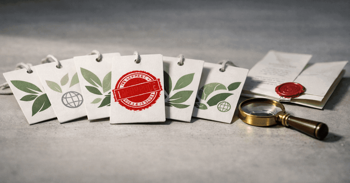 Product hangtags with green sustainability symbols, one center tag stamped with a red regulatory seal beside a magnifying glass