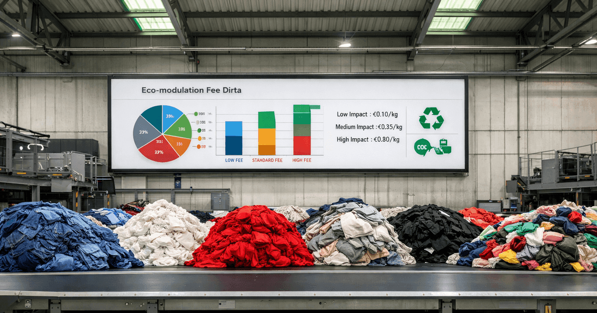 Textile recycling facility with sorted fabrics on conveyor and eco-modulation data display