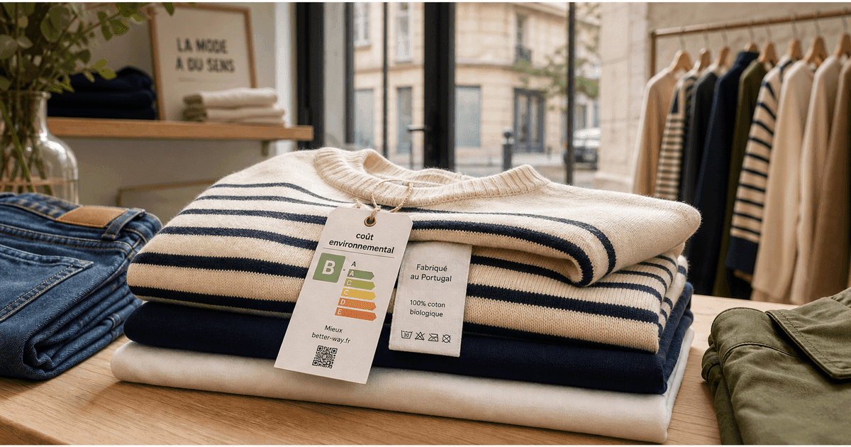 Boutique de prêt-à-porter française avec étiquettes de composition et une fiche de score de coût environnemental