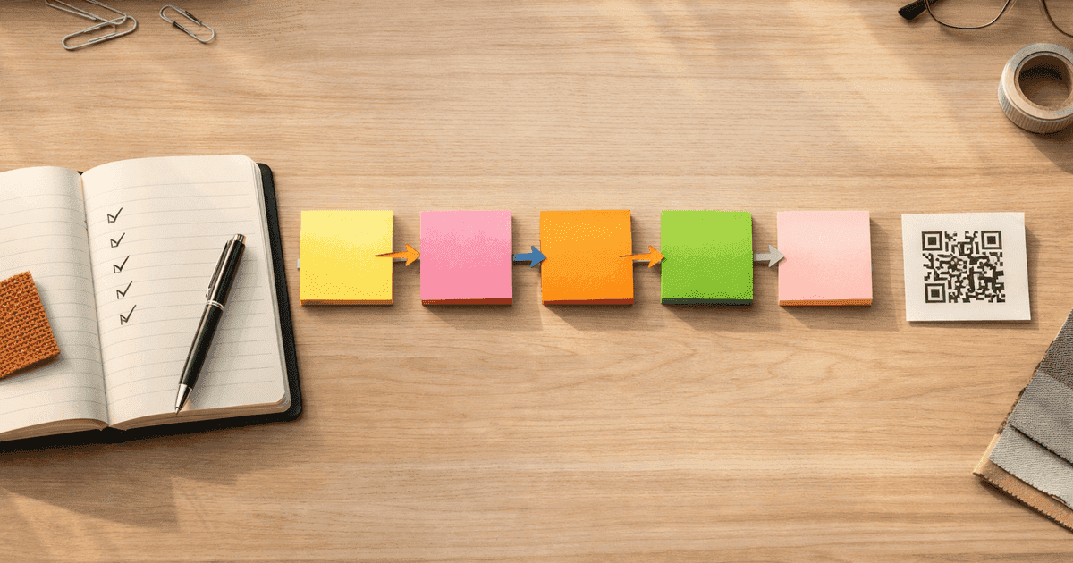 Creative workspace with step-by-step checklist and product passport materials