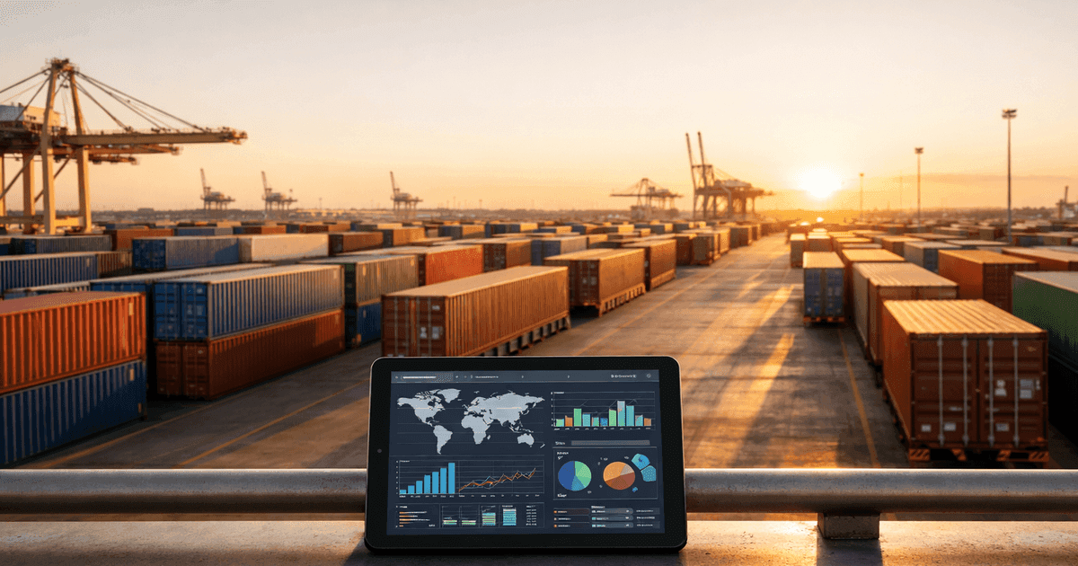 Shipping containers at a logistics port with supply chain tracking data