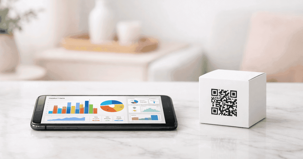 Smartphone displaying digital product passport data next to a product with QR code