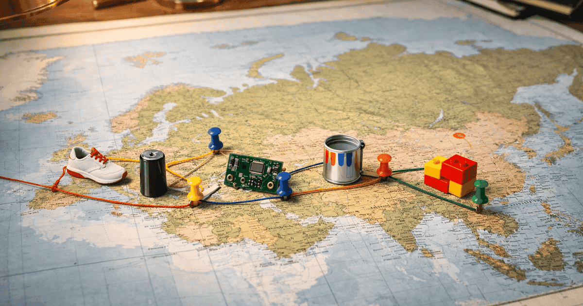 World map with miniature products placed across EU trade routes