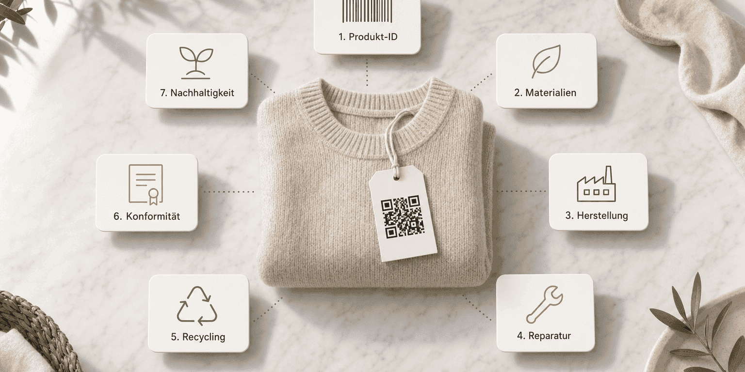 Gefalteter Strickpullover auf Marmor mit QR-Code-Anhänger, umgeben von sieben beschrifteten Karten, die die sieben Informationskategorien eines Digitalen Produktpasses zeigen